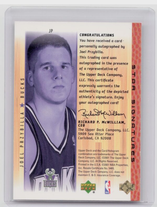 2000-01 Upper Deck Encore Joel Przybilla AU #JP Bucks Star Signatures - Image 3
