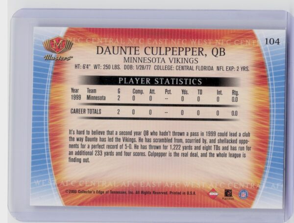 2000 Collector's Edge Masters Daunte Culpepper Retail #104 Vikings - Image 3
