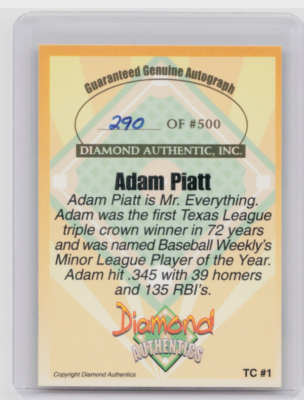 2000 Diamond Authentics Autographs Adam Piatt AU SN500 #TC1 RockHounds Triple Cr - Image 3