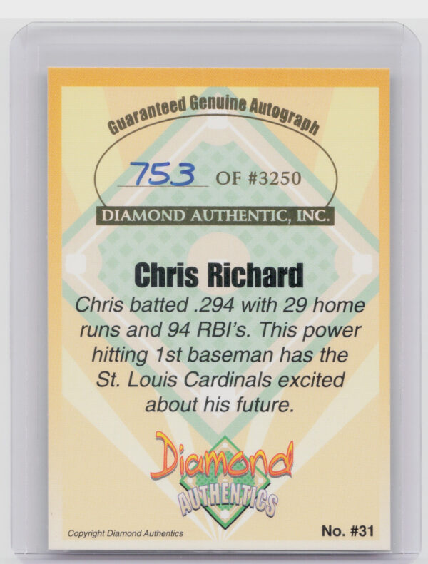 2000 Diamond Authentics Autographs Chris Richard AU SN3250 #31 Travelers - Image 3