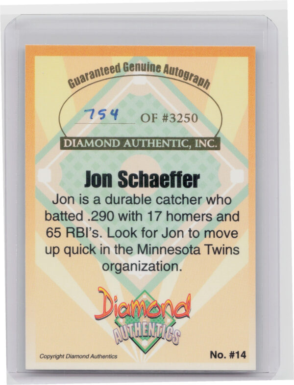 2000 Diamond Authentics Autographs Jon Schaeffer AU SN3250 #14 Bandits - Image 3