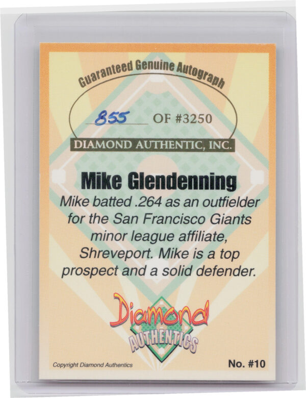 2000 Diamond Authentics Autographs Mike Glendenning AU SN3250 #10 Captains - Image 3