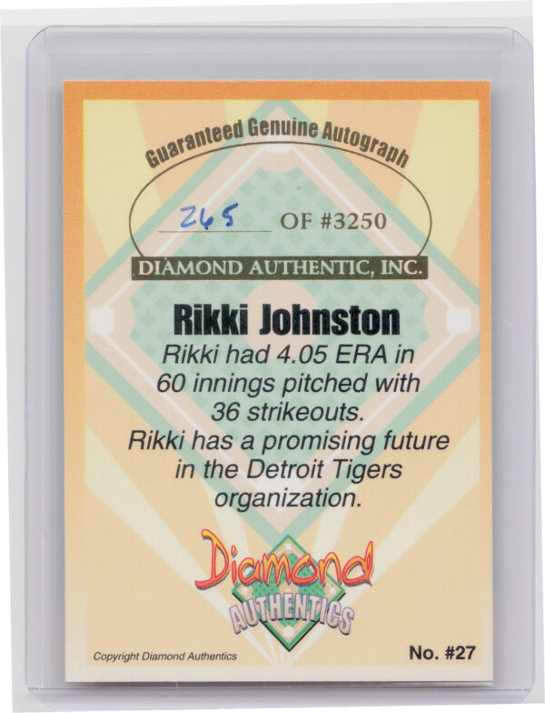 2000 Diamond Authentics Autographs Rikki Johnston AU SN3250 #27 Tigers - Image 3