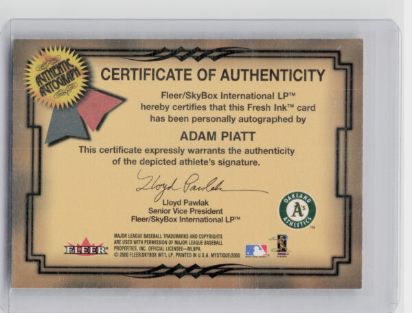 2000 Fleer Mystique Adam Piatt AU #NNO Athletics Fresh Ink - Image 3