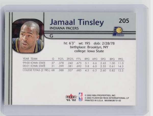 2001-02 Fleer Maximum Jamaal Tinsley RC SN1000 #205 Pacers - Image 3