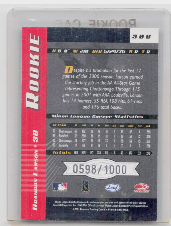 2001 Leaf Limited Brandon Larson AU RC SN1000 #308 Reds - Image 3