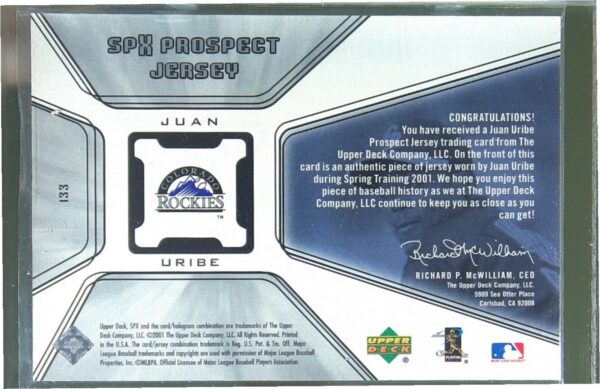 2001 SPx Juan Uribe RC JSY #133 Rockies - Image 3