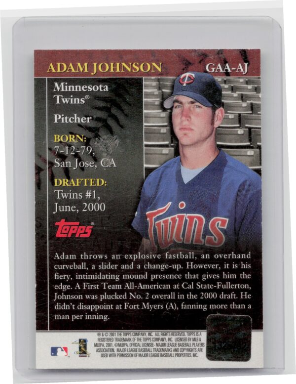 2001 Topps Adam Johnson AU #GAA-AJ Twins Golden Anniversary Autographs - Image 3
