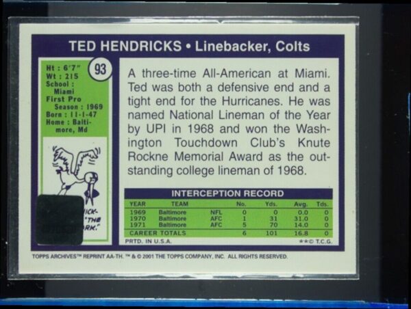 2001 Topps Archives Ted Hendricks AU #AA-TH Colts Rookie Reprint Autographs - Image 3