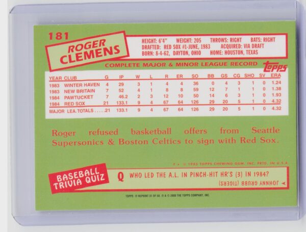 2001 Topps Roger Clemens #31 Sox Through the Years Reprints - Image 3