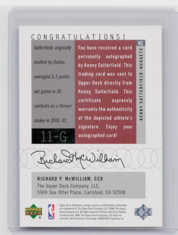2002-03 UD Authentics Kenny Satterfield AU #KS 76ers Signatures - Image 3