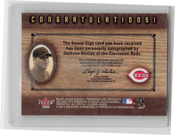 2002 Fleer Showcase Jackson Melian AU SN815 MEM #NNO Reds Sweet Sigs Lumber - Image 3