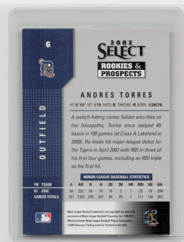 2002 Select Rookies & Prospects Andres Torres AU #6 Tigers - Image 3
