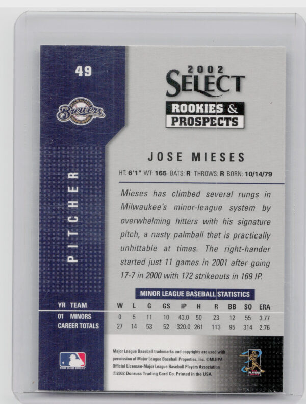 2002 Select Rookies & Prospects Jose Mieses AU #49 Brewers - Image 3