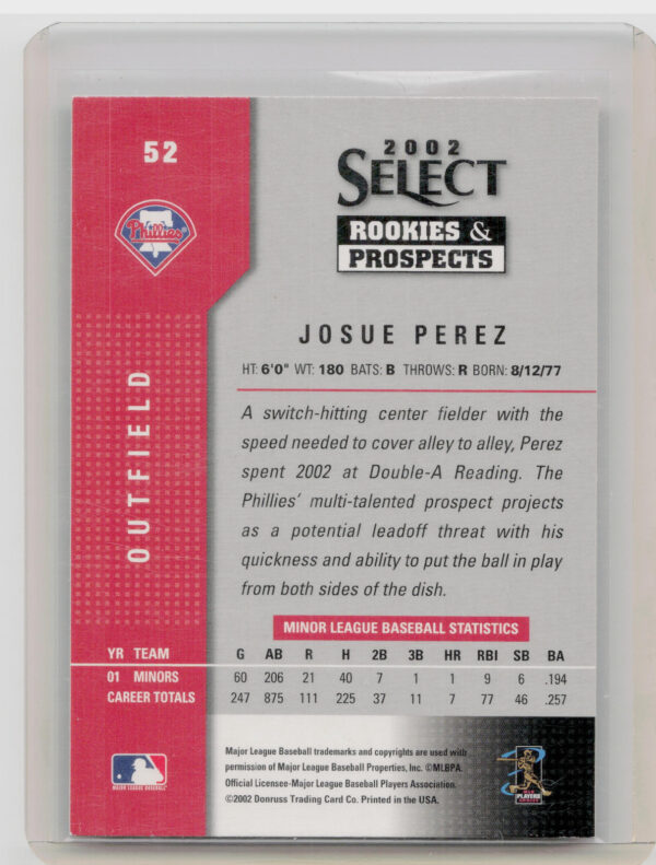 2002 Select Rookies & Prospects Josue Perez AU #52 Phillies - Image 3