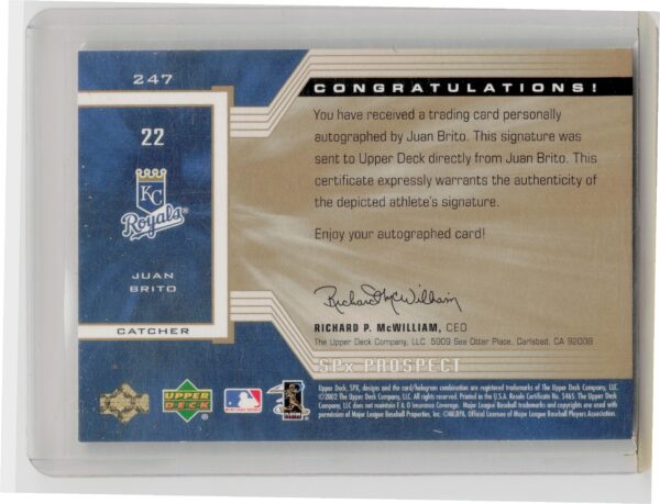 2002 Upper Deck Rookie Update Juan Brito AU SN825 RC #247 Royals 2002 SPx Update - Image 3