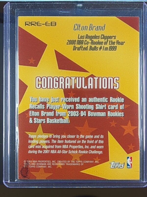 2003-04 Bowman Elton Brand JSY #RRE-EB Clippers Rookie Recalls - Image 3