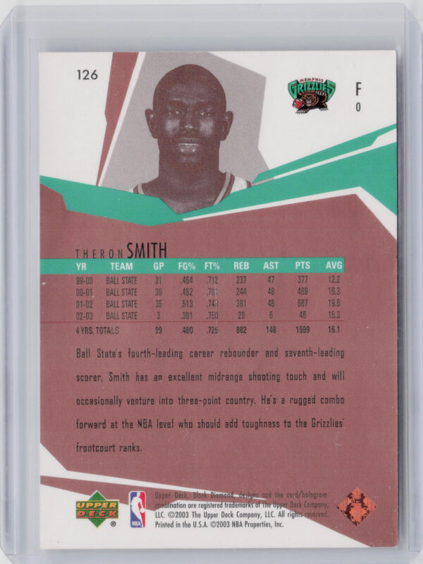 2003-04 Upper Deck Black Diamond Theron Smith Bronze SN100 #126 Grizzlies - Image 3