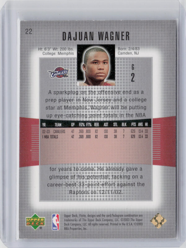 2003-04 Upper Deck Finite Dajuan Wagner Gold SN100 #22 Cavaliers - Image 3