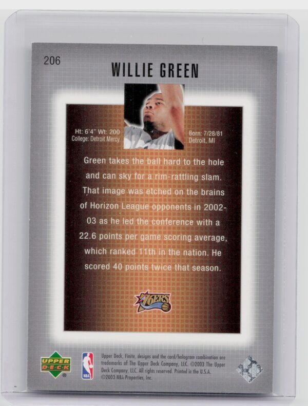 2003-04 Upper Deck Finite Willie Green SN1500 RC #206 76ers - Image 3