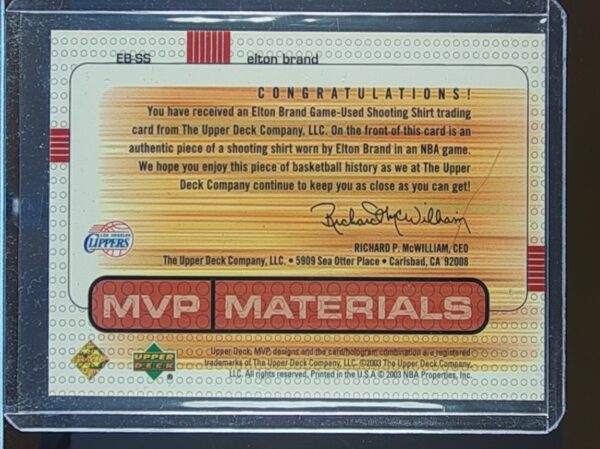 2003-04 Upper Deck MVP Elton Brand JSY #EB-SS Clippers Materials Shirts - Image 3