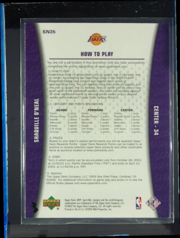 2003-04 Upper Deck MVP Shaquille O'Neal #SN35 Lakers Sportsnut Fantasy - Image 3