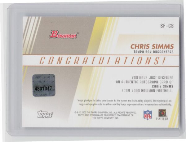 2003 Bowman Chris Simms AU #SF-CS Buccaneers Signs of the Future Autographs - Image 3