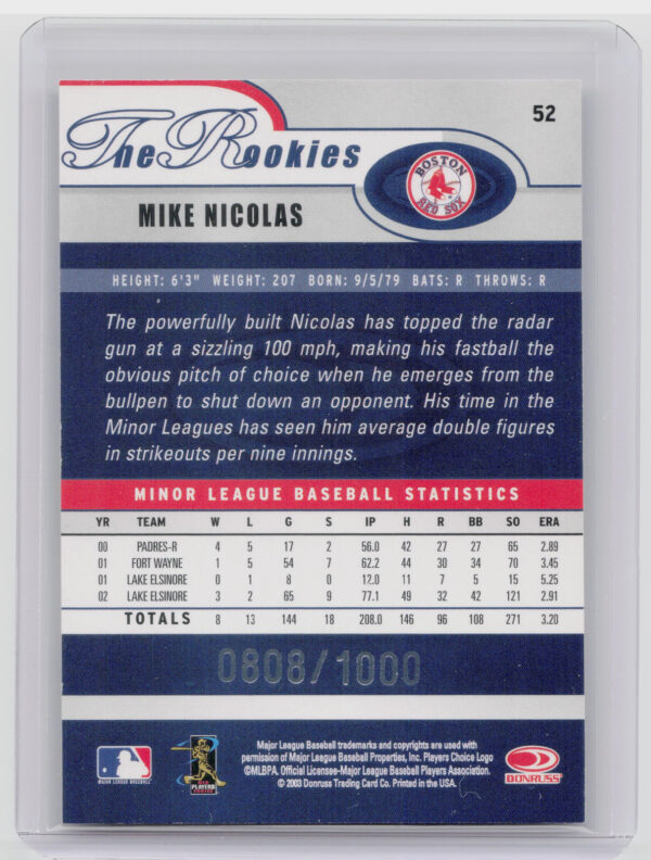 2003 Donruss/Leaf/Playoff (DLP) Rookies & Traded Mike Nicolas 2003 Donruss Rooki - Image 3