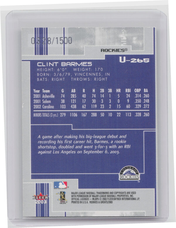 2003 Fleer Rookies & Greats Clint Barmes SN1500 RC #U-265 Rockies 2003 Ultra Roo - Image 3