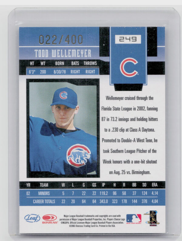 2003 Leaf Certified Materials Todd Wellemeyer AU RC SN400 #249 Cubs - Image 3