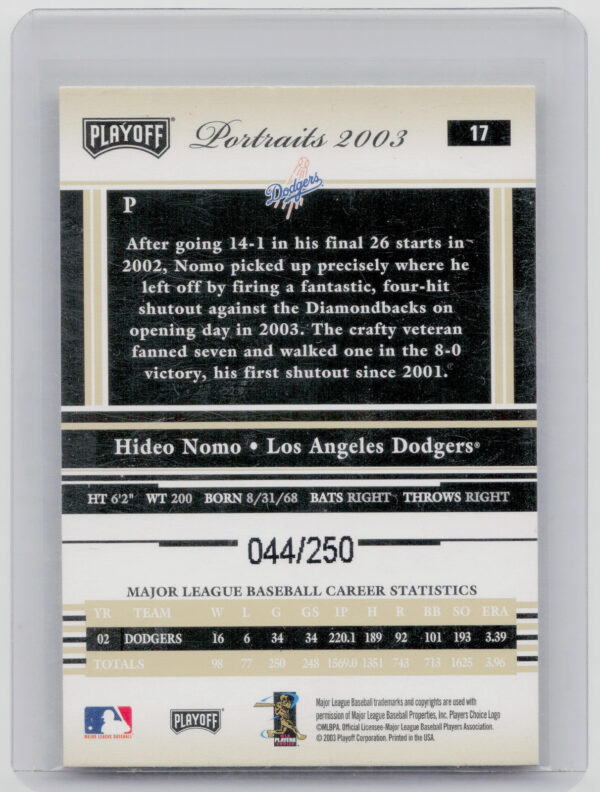 2003 Playoff Portraits Hideo Nomo Beige SN250 #17 Dodgers - Image 3