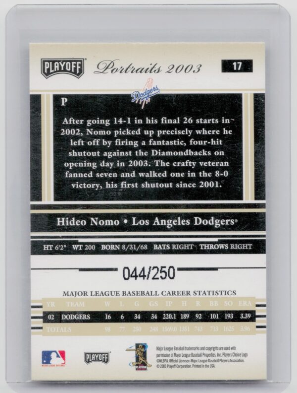 2003 Playoff Portraits Hideo Nomo Beige SN250 #17 Dodgers - Image 3