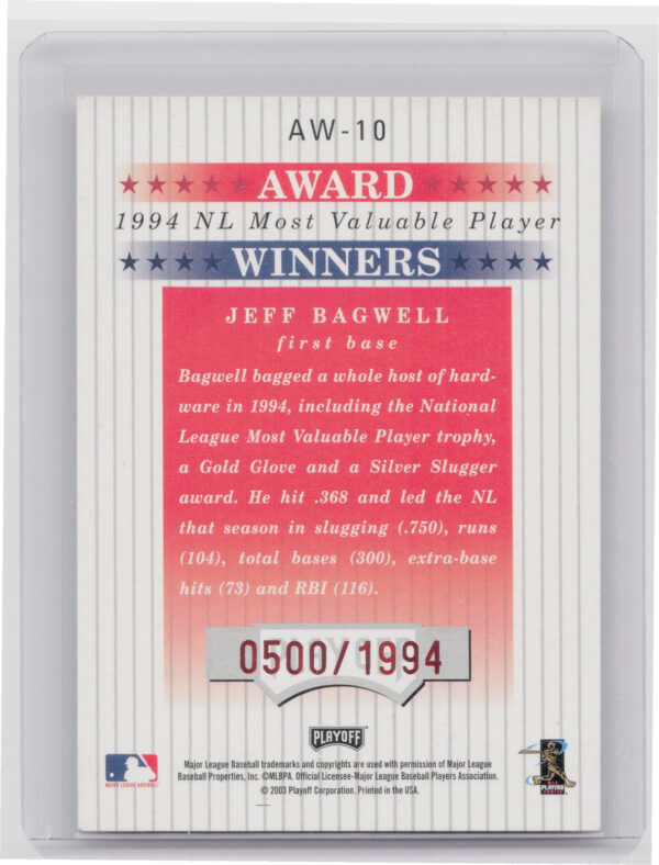 2003 Playoff Prestige Jeff Bagwell SN1994 #AW-10 Astros Award Winners - Image 3