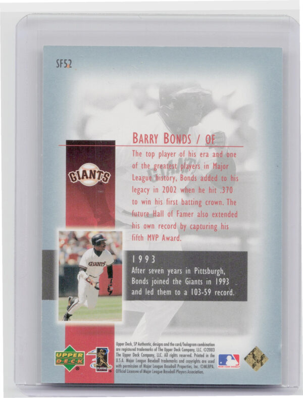 2003 SP Authentic Barry Bonds SN2003 #SF52 Giants Superstar Flashback - Image 3