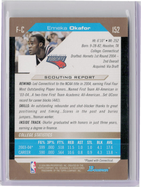 2004-05 Bowman Emeka Okafor Gold #152 Bobcats - Image 3