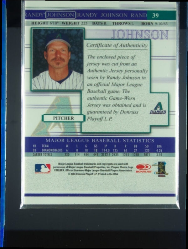 2004 Donruss Timelines Randy Johnson MEM #39 Diamondbacks Material - Image 3