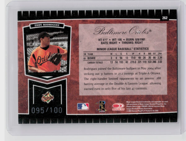 2004 Leaf Certified Cuts Eddy Rodriguez Marble Red SN100 #262 Orioles - Image 3
