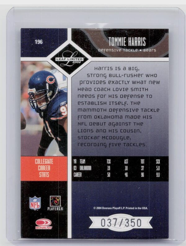 2004 Leaf Limited Tommie Harris RC /350 #196 Bears - Image 3