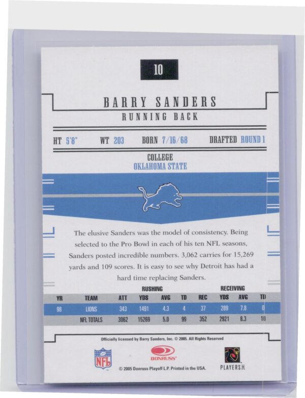 2005 Donruss Gridiron Gear Barry Sanders #10 Lions - Image 3