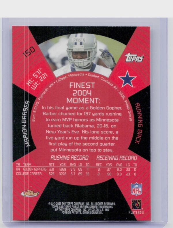 2005 Finest Marion Barber RC #150 Cowboys - Image 3