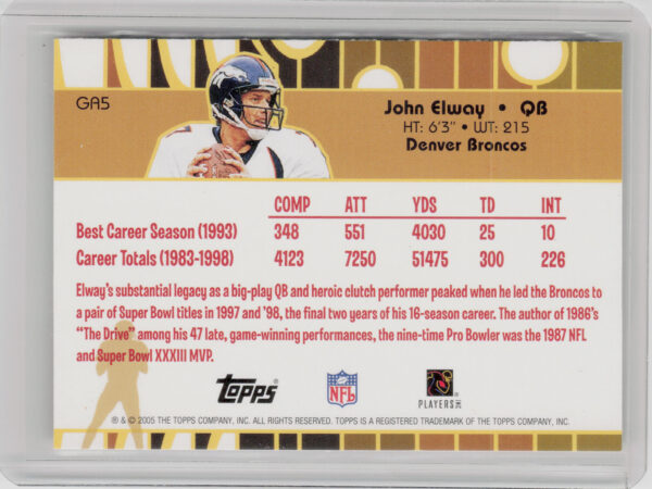2005 Topps John Elway #GA5 Broncos Golden Anniversary Golden Greats - Image 3