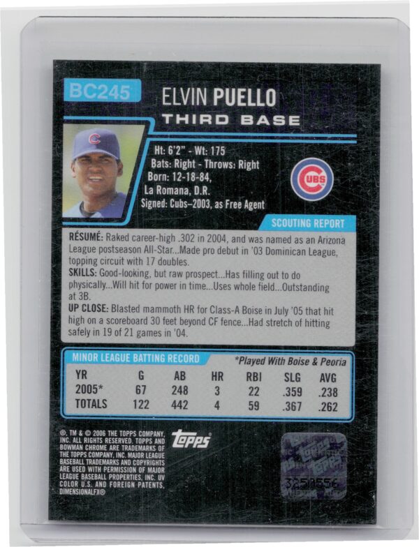 2006 Bowman Chrome Elvin Puello AU #BC245 Cubs Prospects - Image 3