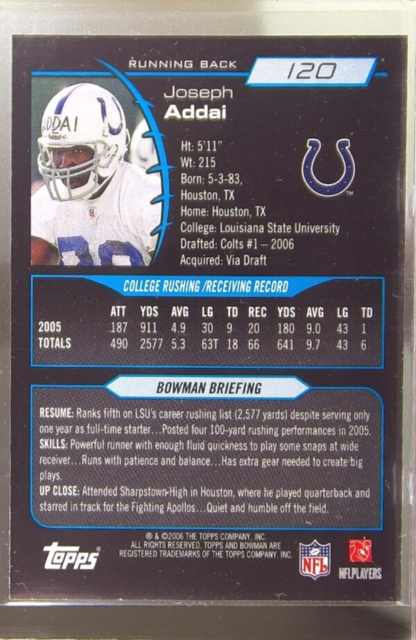 2006 Bowman Joseph Addai RC #120 Colts - Image 3