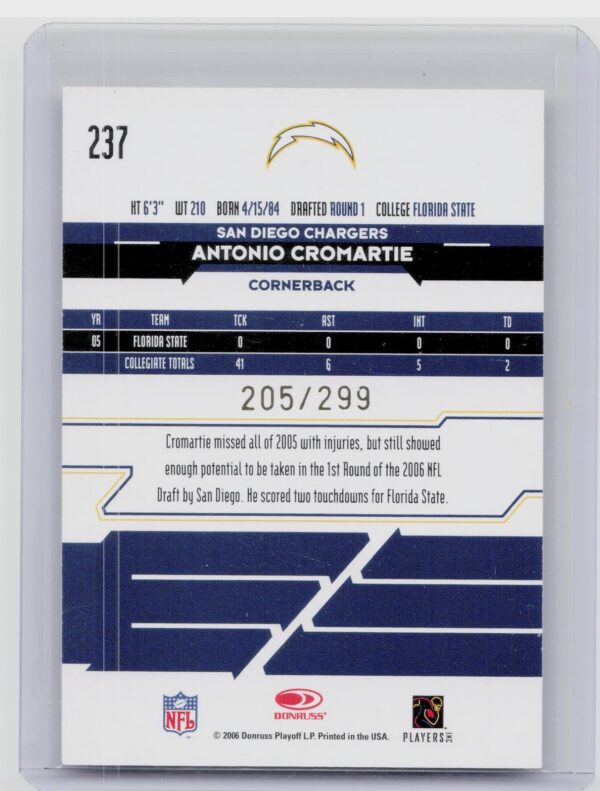 2006 Leaf Rookies & Stars Antonio Cromartie Gold /299 #237 Chargers - Image 3