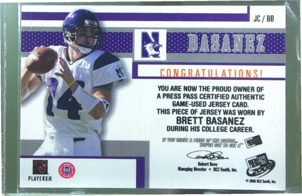 2006 Press Pass Brett Basanez /299 JSY #JC/BB Wildcats Game Used Jerseys Silver - Image 3