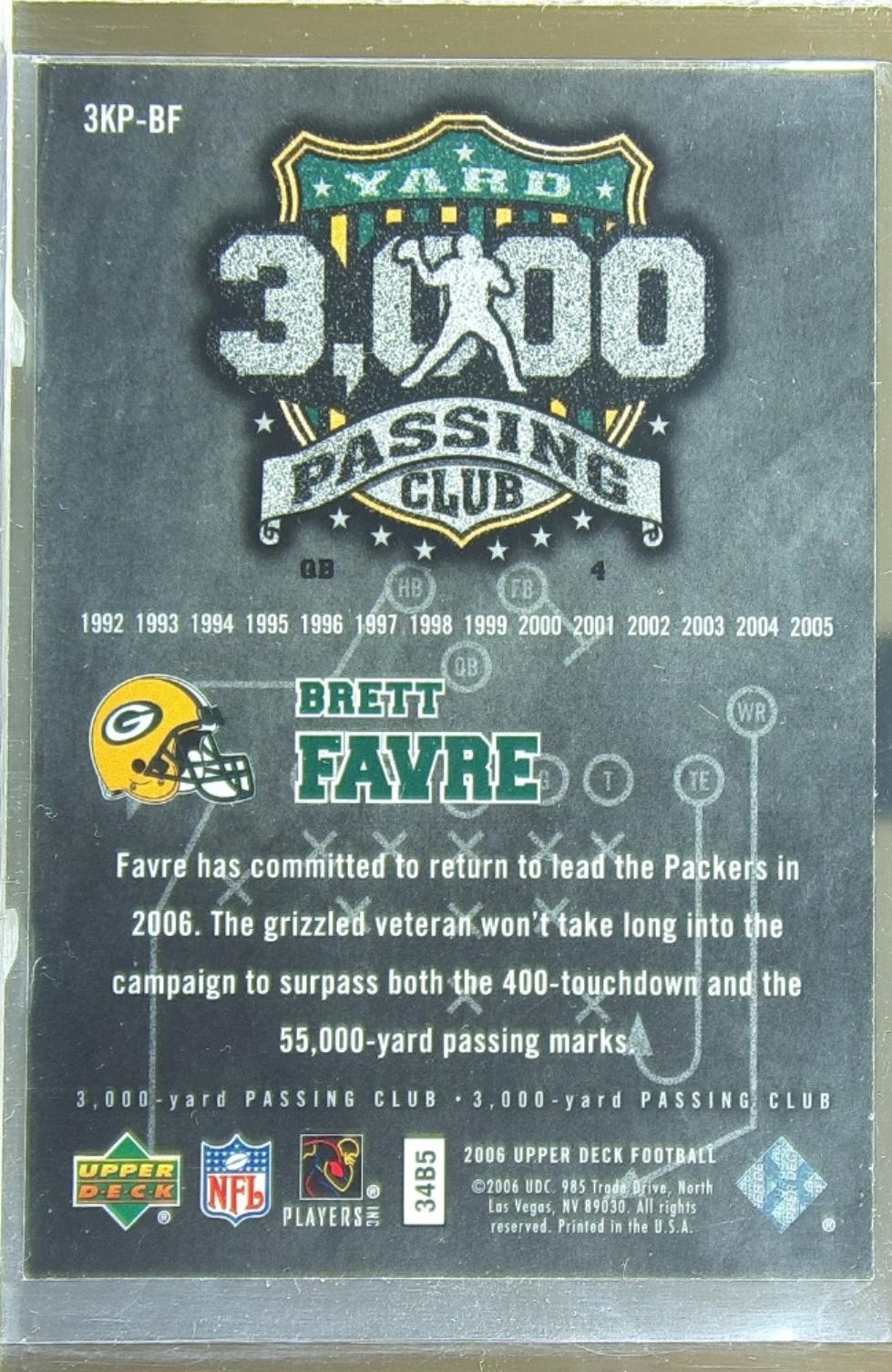 2006 Upper Deck Brett Favre #3KP-BF Packers 3000 Yard Passing Club - Image 3
