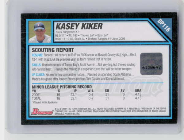 2007 Bowman Kasey Kiker AU #BP116 Rangers Prospects - Image 3