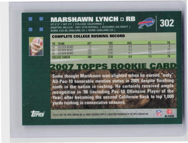 2007 Topps Marshawn Lynch RC #302 Bills - Image 3
