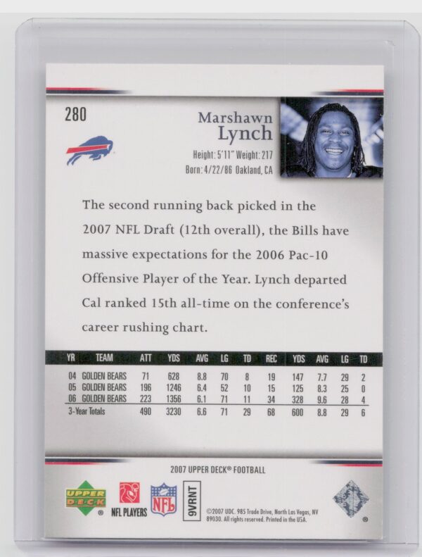 2007 Upper Deck Marshawn Lynch Rookie Exclusives Star Rookies #280 Bills - Image 3
