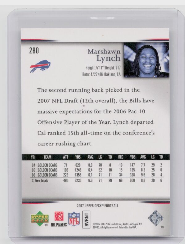 2007 Upper Deck Marshawn Lynch Rookie Exclusives Star Rookies #280 Bills - Image 3